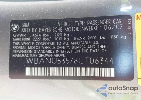 2008 BMW 528I z USA, uszkodzony, nr VIN WBANU53578CT06344